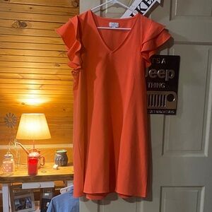 Mud Pie Vibrant Orange Midi Dress with Ruffle Sleeves